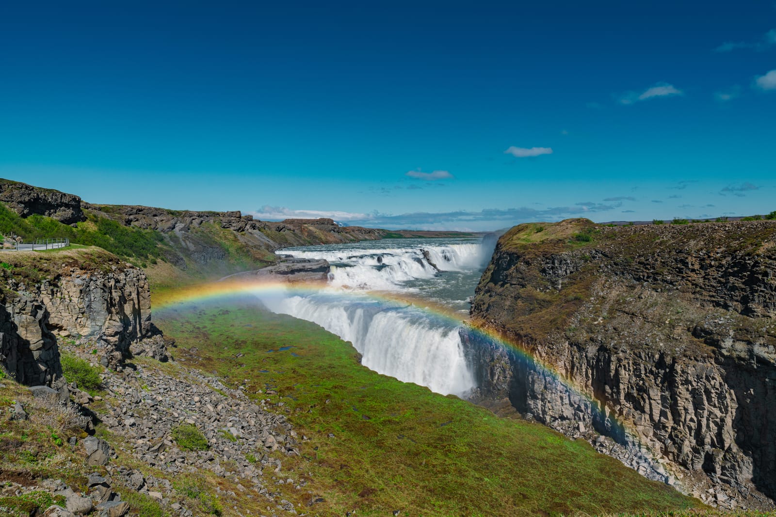 Massive waterfall with rainbow in the spray.