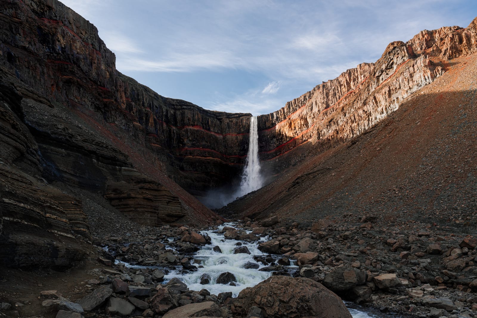 Red-rock canyon waterfall, long exposure.